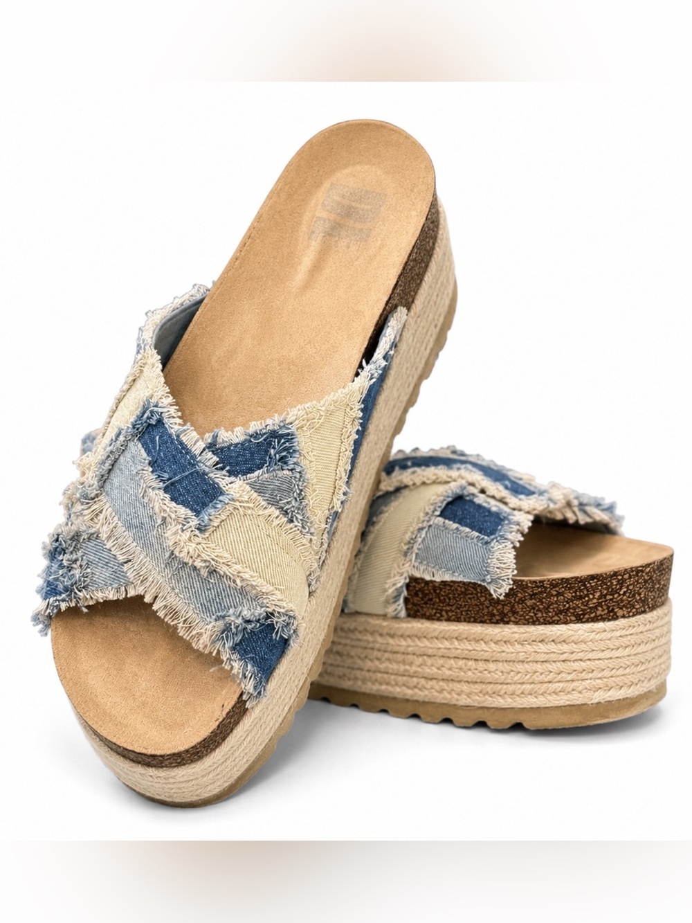 Dirty Laundry Denim Platform Slide Sandals Sz 10 Fray Patchwork Espadrille Boho